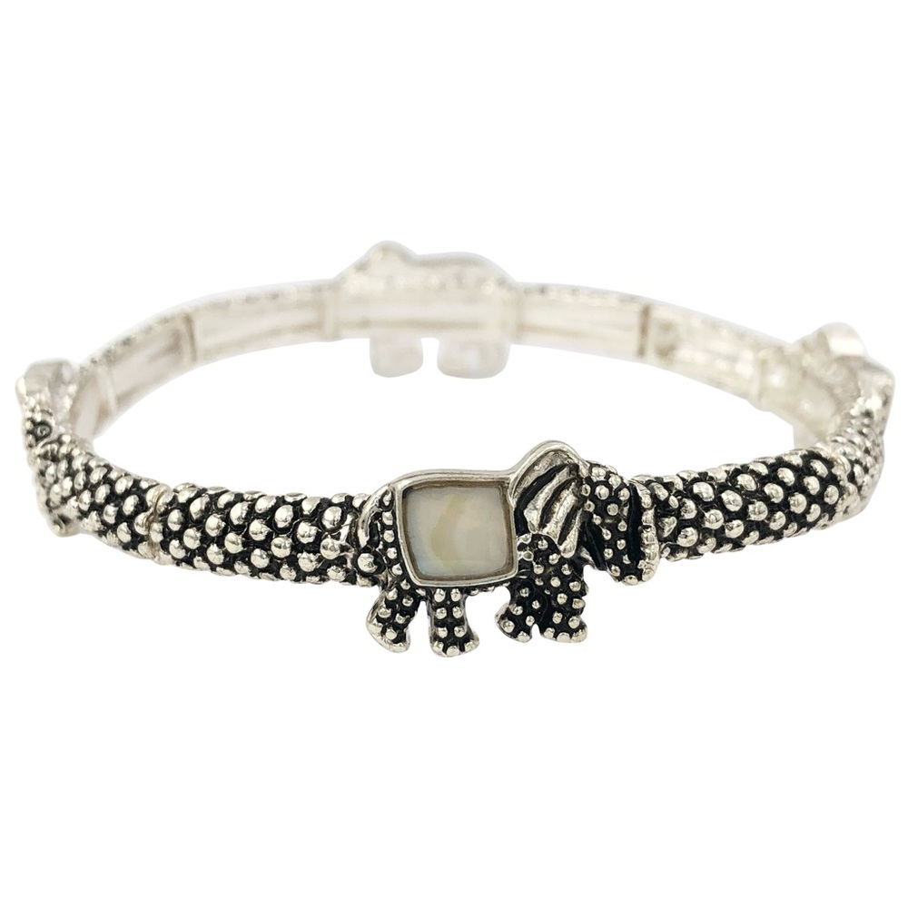 Elephant Mother of Pearl Shell Inlay Silver Tone Stretch Bracelet